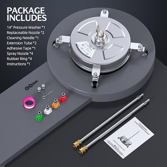 14" Pressure Washer Surface Cleaner with 4 Wheels, Stainless Steel Housing for Pressure Washer Attachment for Concrete, Patio, Sidewalk, Deck and Driveways