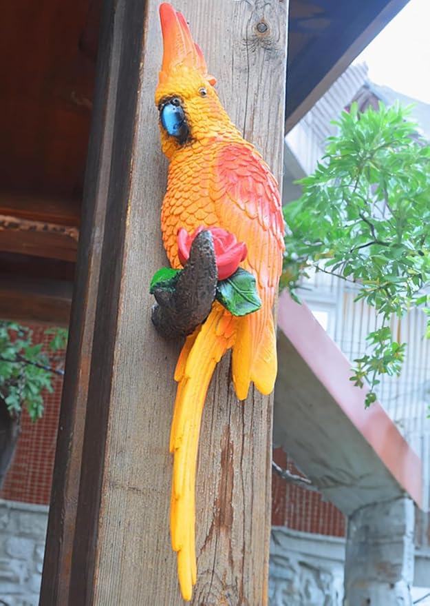 15" Real Bird Decor Statues,Garden Outdoor Animal Sculptures & Statues, Home Resin Parrots Tree Lawn Decor, Bird Figurine Art,Hanging Parrots Sculptures, Tropical Statues,Tiki Bar for Outside