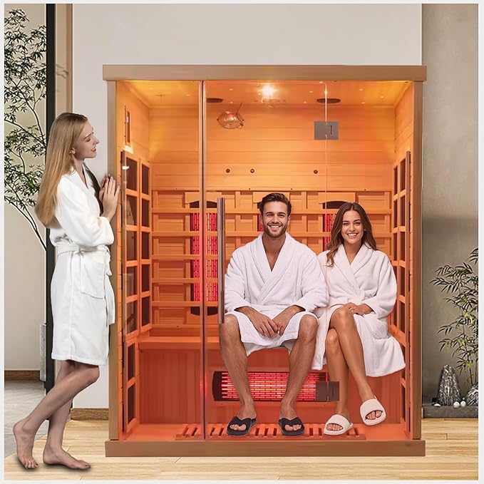 Smartmak Far Infrared Wood Sauna, 3 Person WiFi Control Home Canadian Hemlock Wooden Traditional Indoor Saunas, Full-Spectrum Red Light 2100W Spa Room, 11 Heating Elements, Speaker, Light, Oxygen Bar