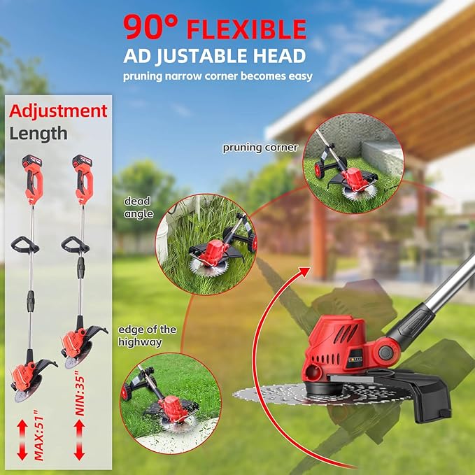 20000 RPM Electric Weed Wacker with Wheel, 3-in-1 Brushless Brush Cutter/String Trimmer/Grass Trimmer/Lawn Mower, 9" Cordless Weed Eater Battery Powered, 2 * 2000mAh Battery, 4 Blade and Charger