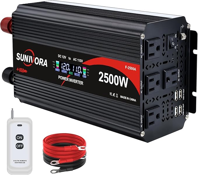 2500 Watt Inverter with LCD & Remote Control 12V DC to 110V/120V AC 60HZ Power Converter 5000W(Peak) with 4 Sockets & 4 USB Ports Power Inverters for Vehicles RV Truck Camping