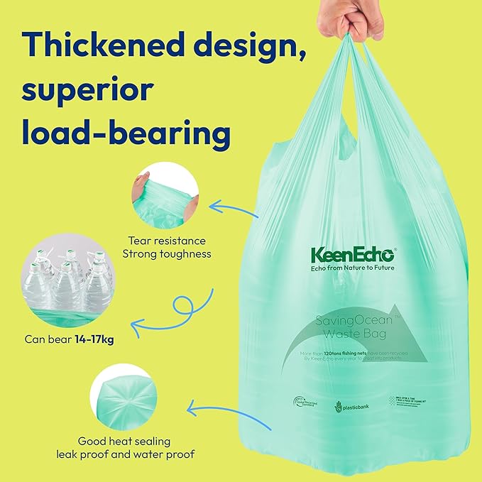 13 Gallon 80 Counts Small Green Trash Bags with Handle, Ocean Fishing Nets Upcycling, Sage & Sea Salt Scented, Plastic Garbage Bags, Waste Bag for Kitchen, Bathroom, Office and Pets