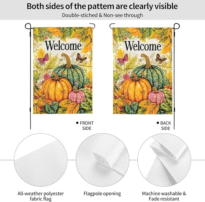Welcome Fall Pumpkin Garden Flag Vertical Double Sided Outdoor Yard Flags 12.5x18 Inch Burlap Banners for House Lawn