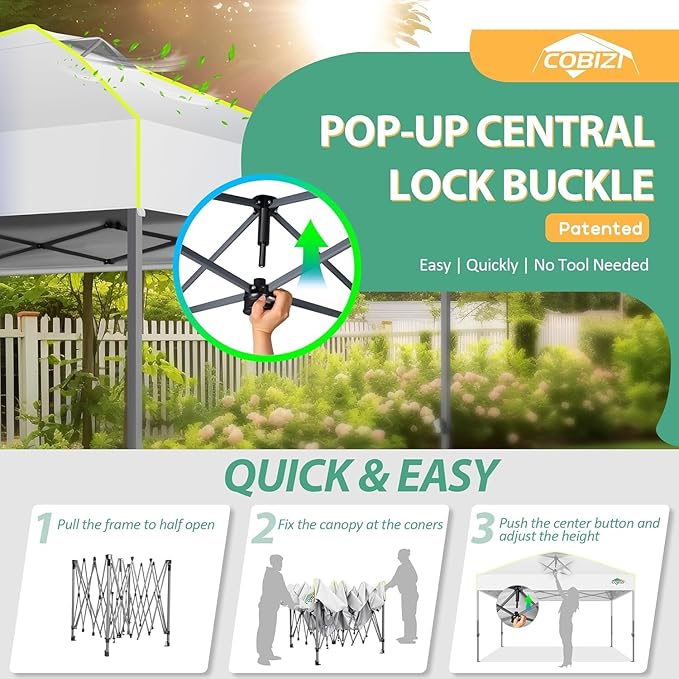 COBIZI 10x10 Pop Up Canopy Tent 1-Button Push Easy up Outdoor Canopy Instant Portable Commercial Shelter Waterproof UPF50+ Gazebo with Reflective Strip, Air Vent & 4 Sandbags,White