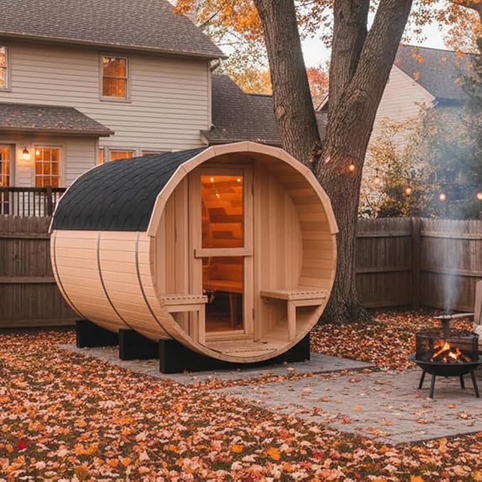 Outdoor Barrel Sauna, 6 Person Wood Steam Saunas Room with Porch, 6kw Toule Electric Heater with Sauna Stone, Canadian Cedar, Roof, 94.48”*70.86“*70.86“ (Cedar)