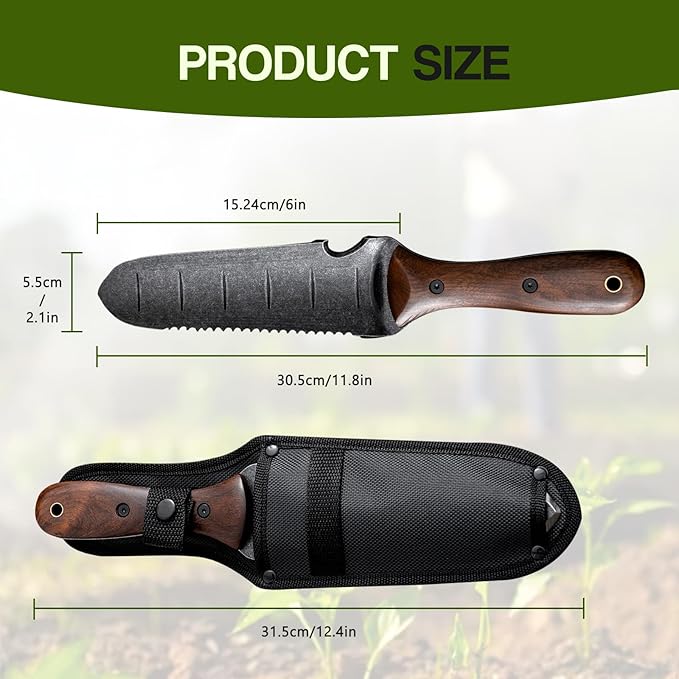 Gracfulcub Hori Hori Garden Knife with Sheath – 7" Full-Tang Stainless Steel Blade, Walnut Wood Handle, Dual Edge Weeding & Digging Tool for Gardening, Transplanting & Camping