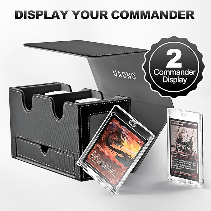 Card Deck Box for MTG, Double Storage Box with 2 Commander Display & 1 Dice Tray, Fits 200+ Double Sleeved, Organizer for CCG TCG Sports(Black Gray)