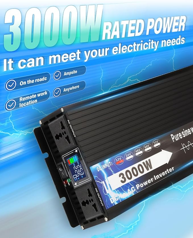 NIHAO 3000W Power Inverters DC 12V to 110V AC Converter with LCD Display, 2 International Socket and Battery Clips for Home, RV, Outdoor, Camping, Boat
