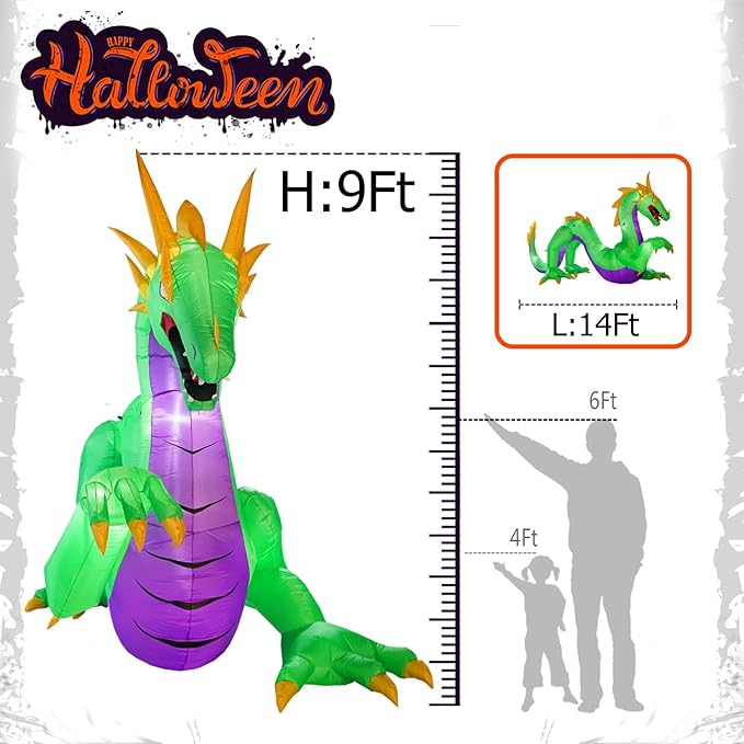 Giant 14FT Length 9FT Tall Green Dragon Halloween Inflatables, Halloween Dragon Blow Up Inflatable Outdoor Decoration Built-in 9 LEDs and Independent High-Power Blower for Yard Lawn Decor