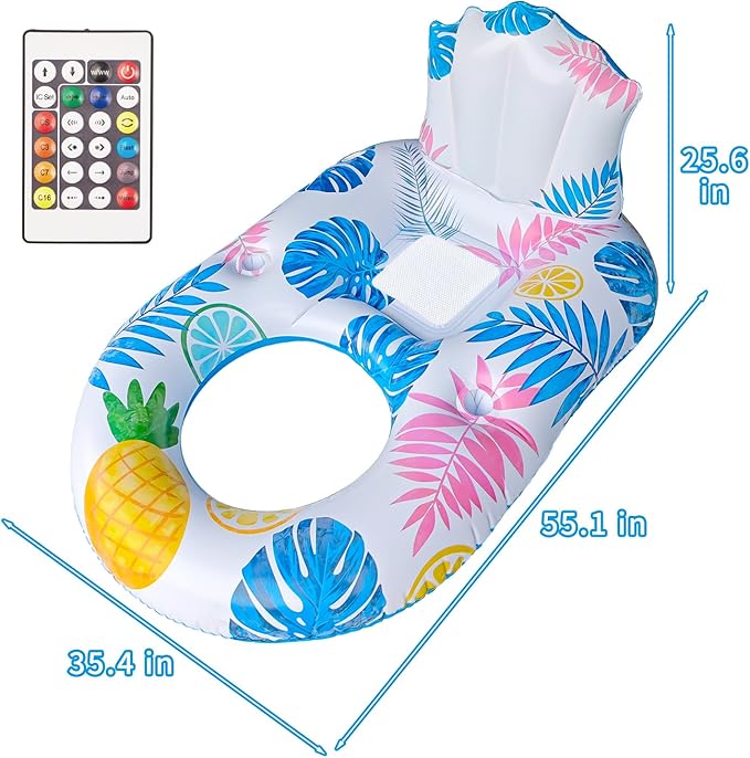 Inflatable Pool Float Adult - Light Up Pool Floaties Lounger Floats Floating Chair Raft with Cup Phone Holder - Pool Chairs for in Pool for Adults Large Size Summer Beach Lake Lounge