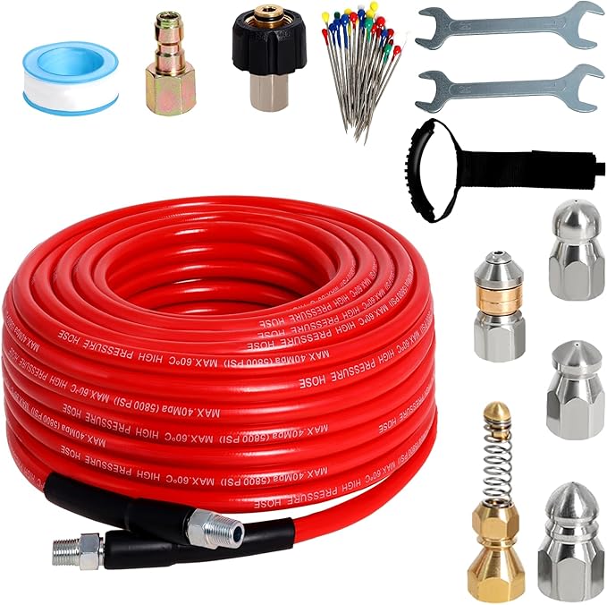 Sewer Jetter Kit for Pressure Washer 50FT, 5800PSI Drain Cleaner Hose 1/4 Inch NPT Corner with 5 Sewer Jetting Nozzles，Waterproof Tape，Pearl Corsage Pin & 2 Spanners (Red)