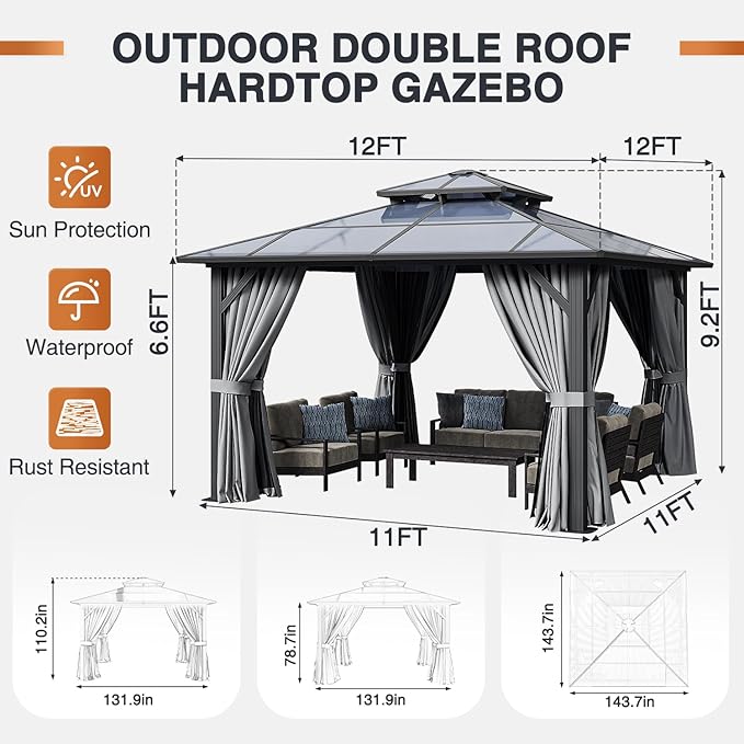 12 Ft. W X 12 Ft. D Aluminum Patio Hardtop Gazebo