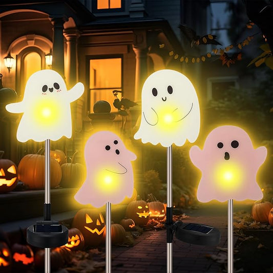 Retisee 4 Pack Halloween Ghost Solar Light with Stakes Outdoor Decorative Yard Signs with Waterproof Solar Lights Halloween Party Favors for Walkway, Pathway, Driveway, Yards, Garden, Lawn