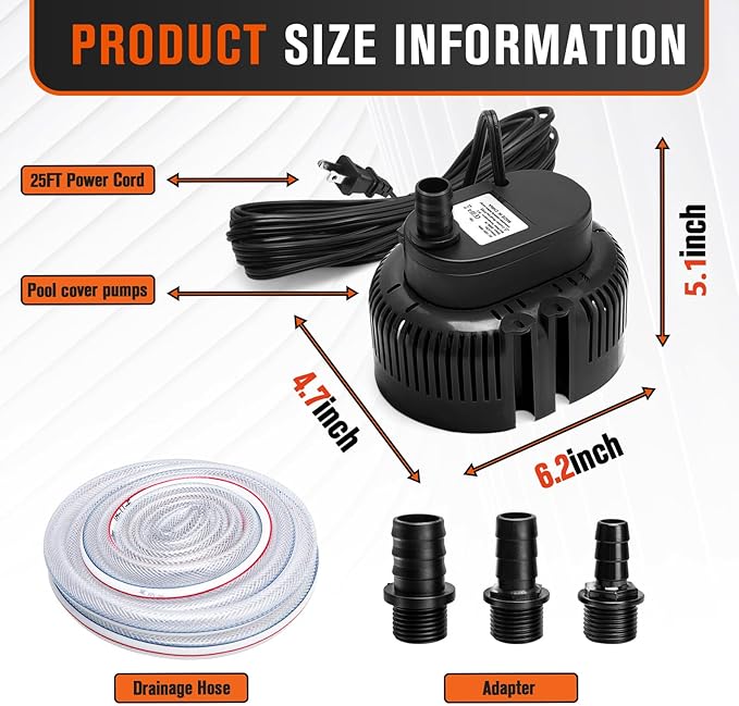 Sump Pump,Pool Cover Pump above Ground,submersible water pump Swimming Water Removal Pumps,for Swimming Pool Basement Garden Pond Tubs Draining,75W,Max Flow:850GPH,3 Adapters,25 Ft Power Cord (Black)