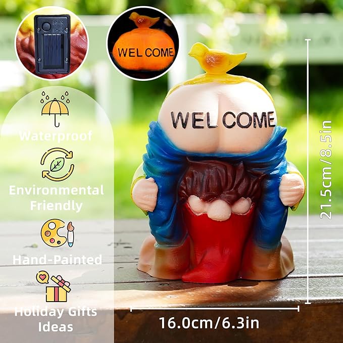 Solar Garden Statues Lights, 8.5" Cute Outdoor Gnome Figurine with Auto On/Off for Yard Patio Decor, Gifts for Women, Grandma, Mom, Housewarming (Welcome Gnome)