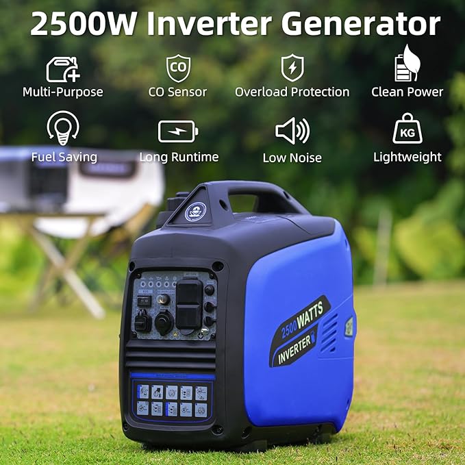 Portable Inverter Generator 2500W Gas Powered, Quiet Generators for Home Use, Camping, Emergency Home Backup, Parallel Ready, with CO Sensor and Fuel Gauge, EPA Compliant, Blue