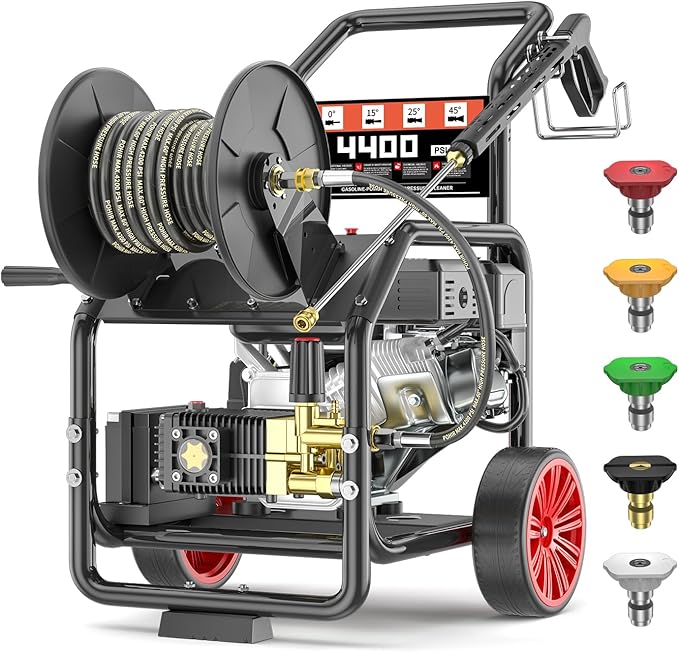4400 PSI Gas Powered Commercial High Pressure Washer with Hose Reel 296cc 7HP Engine 4.0GPM Electric Start, Includes 50 FT 3/8 inch Hose 5 Quick Connect Nozzles Spray Gun and Wand