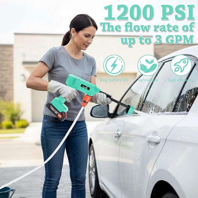 Power Washer,1200 PSI Cordless Pressure Washer with 2×21V Battery&6-in-1 Multi-Function Nozzle,Portable Pressure Washer Suitable for Cleaning Vehicles, patios, Glass, Floors, and Watering Plants