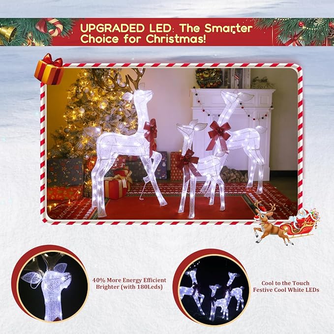 3D Reindeer Family Christmas Decor Set 4.5Ft Lighted Christmas Reindeer/Deer Family Set Outdoor Christmas Yard Decorations with Stakes & Zip Ties for Holiday Lawn Patio Party