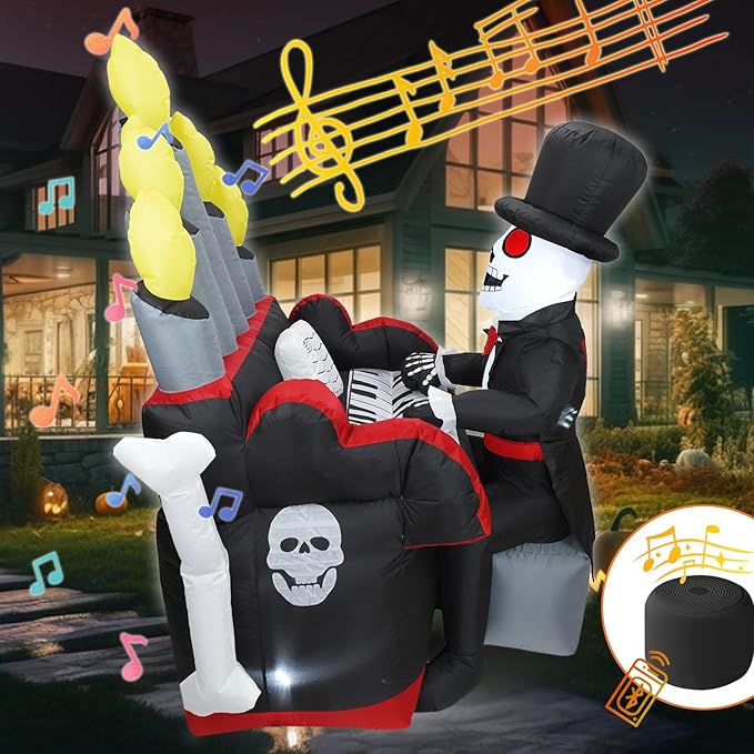 Bonus Bluetooth Speaker! 5.4x5.4FT Giant 3D Novelty Halloween Inflatable Skeleton Playing Piano with Build-in LED Lights and Bluetooth Speaker, Playing Music Remotely by Youself! Outdoor Indoor Decor