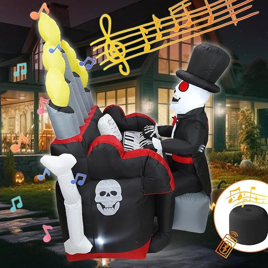 Bonus Bluetooth Speaker! 5.4x5.4FT Giant 3D Novelty Halloween Inflatable Skeleton Playing Piano with Build-in LED Lights and Bluetooth Speaker, Playing Music Remotely by Youself! Outdoor Indoor Decor