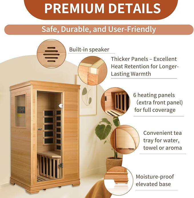 Indoor Infrared Sauna Room, Premium Canadian Hemlock Wood, Built-in Speakers, Tea Tray, Easy Setup, Quick Heating, Perfect Home Sauna, 35 * 27 * 61 Inch