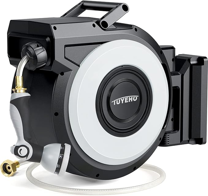 Tuyeho Retractable Garden Hose Reel 100FT, Wall Mount Heavy Duty Water Hose Reels with Automatic Slow Rewind System, Outdoor Hoses Reel with 2 Hose Nozzles for Garden Watering, Car Wash, Pet Shower