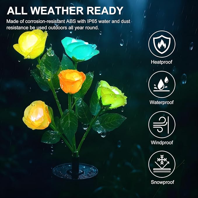 Solar Flowers Lights - Upgraded Outdoor Yellow Rose Flowers Lights, 7-Color Changing & Waterproof Outdoor Solar Lights for Garden, Patio, Backyard,Party and Office (Yellow Rose, 4)