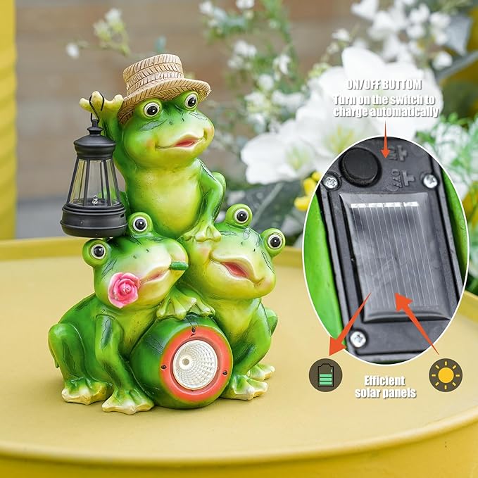 Solar Frog Family Garden Statue Three Frog Figurines with Lantern & LED Light – Cute Solar Yard Decor for Lawn, Patio & Outdoor Pathway – Resin Waterproof Garden Ornament (Family Frogs)