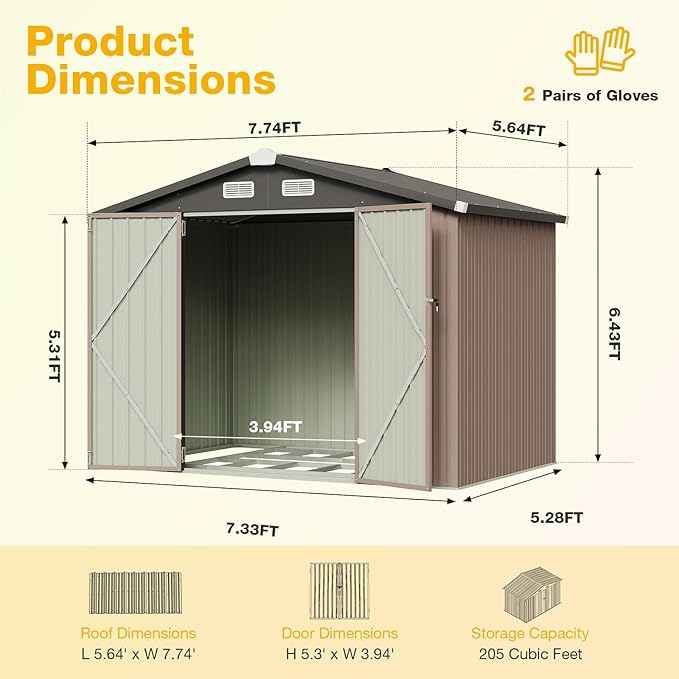 8x6 FT Outdoor Storage Shed with Base & Lockable Double Doors, Heavy-Duty Galvanized Steel Outdoor Metal Shed for Bike, Tool, Generator Storage in Backyard, Patio (8’x6’, Base)