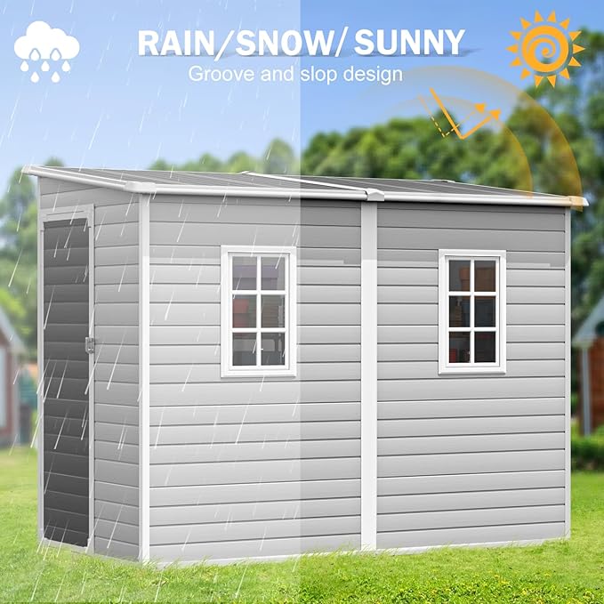 CDCASA 4x8 FT Resin Lean to Shed, Waterproof Outdoor Storage Shed with Floor and Adjustable Openable Windows,Outside Plastic Tool Shed for Backyard Garden Patio Lawn