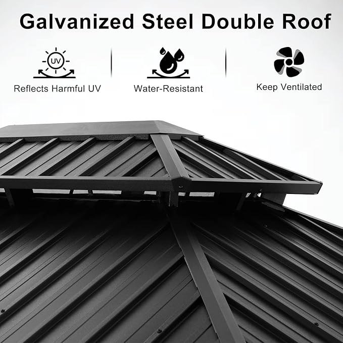 ABCCANOPY Hardtop Gazebo 10x12 - Outdoor Metal Hard Top Gazebo, Permanent Galvanized Steel Aluminum Framed Pavilion with Netting and Curtain for Patio Backyard Lawn Garden (Double Roof, Gray)