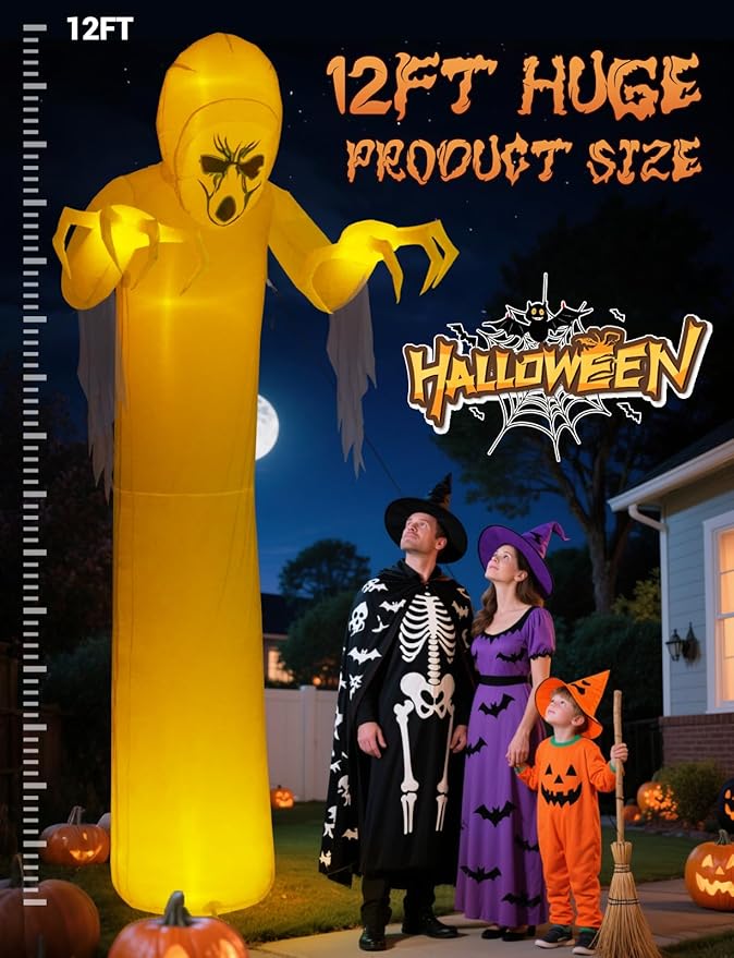 Elegear 12FT Giant Halloween Inflatable with Flowing Gauze, 7-Mode Color Changing RGB Lights, Scary White Ghost Halloween Blow Up Yard Decorations Outdoor for Lawn Garden Porch Party