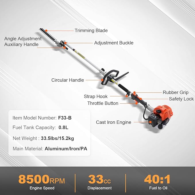 VEVOR 33CC 2-Cycle 5-in-1 Gas Powered Chainsaw with Extension Pole, All-in-One Trimmer Set with Hedge Trimmer, Weed Eater, Brush Cutter, Edger, and Pole Saw for Garden, Lawn, and Tree Maintenance