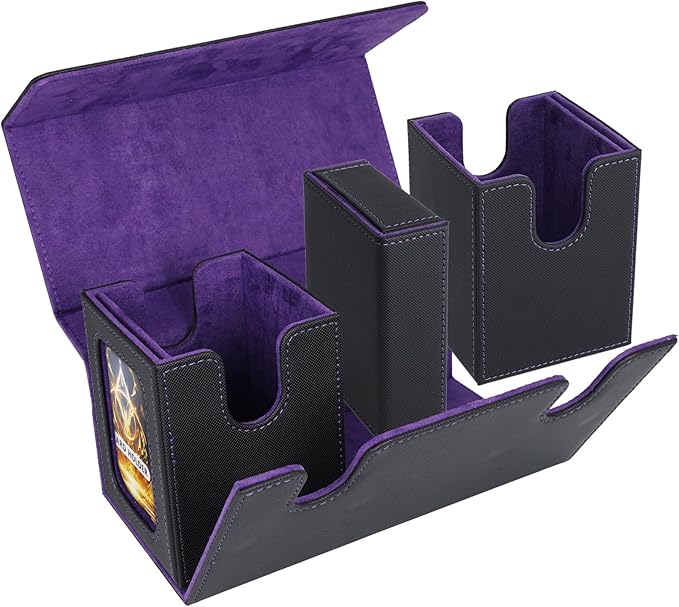 AFIING MTG Commander Card Storage Box - Fits 200 Double Sleeved Cards,3-in-1Card Deck Case,Strong Magnet Card Organizer For Magic Commander TCG CCG,4Dividers &2 Toploaders, Black/Purple