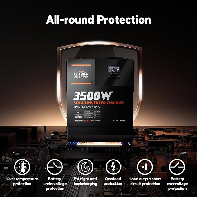 LiTime 3500W Pure Sine Wave Solar Inverter Charger, 48V DC to 120V AC All-in-One Solar Inverter, Built in 80A MPPT Charge Controller, for 48V Lead Acid/LiFePO4 Battery, Home Energy Storage, Off-Grid