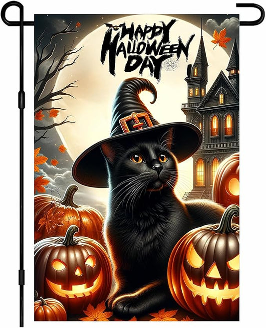 Happy Halloween Day Garden Flag Black Cat Flag Witch Hat Pumpkins 12x18 Inch Double Sided Spooky Outdoor Yard Decor House Banner Porch Lawn Patio Home Decoration