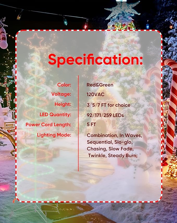Double Spiral Christmas Tree Light Outdoor, Outdoor Light Up Christmas Tree with 8 Mode Controller, 120V Plug&Play ETL Waterproof for Xmas New Year Yard Garden, Red&Green, 5FT