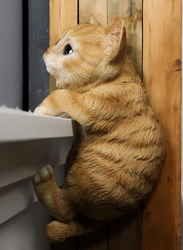 coolboy Hanging Cat Statue Garden Patio Decor,Lifelike Orange Tabby Cat Figurine Kittens Outdoor Statue Decor,Pot Pal Hanging Animal Resin Cat Figurine for Cat Lovers