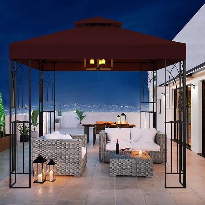 COOS BAY 8x8 Outdoor Patio Gazebo with Corner Shelves, Two-Tier Soft Top Canopy for Backyard, Lawn, Deck and Garden, Red