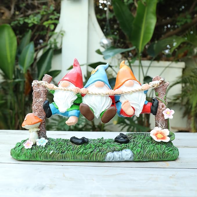 Garden Gnome Statue, Solar Swing Gnomes Figurine with Flowers and Mushrooms, Waterproof Resin Outdoor Decor for Patio Lawn Yard Home Tabletop Decoration