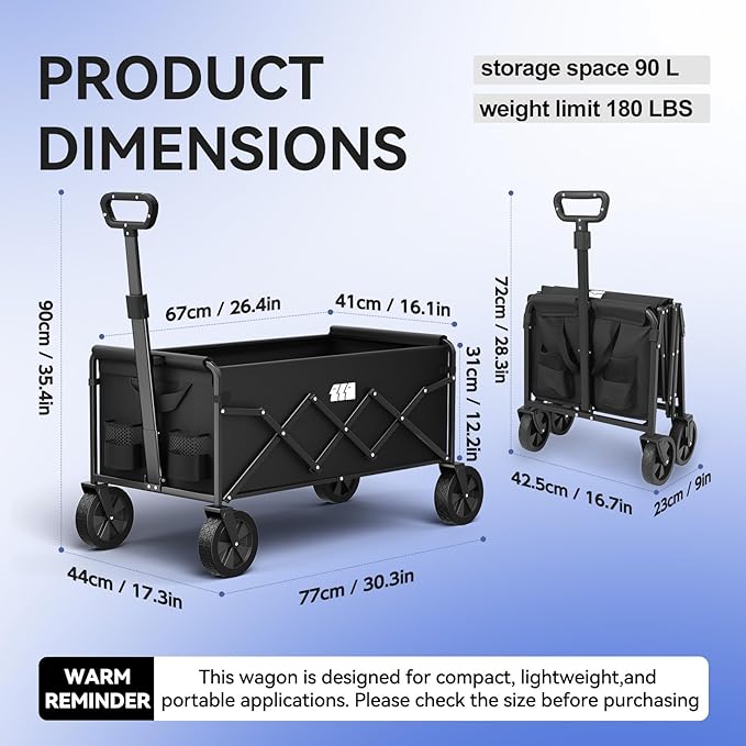 Collapsible Foldable Wagon, Folding Wagon with Wheel Heavy Duty with 180lbs Weight Capacity Lightweight Utility Camping Cart for Groceries Garden Beach Sports Fishing (Black)