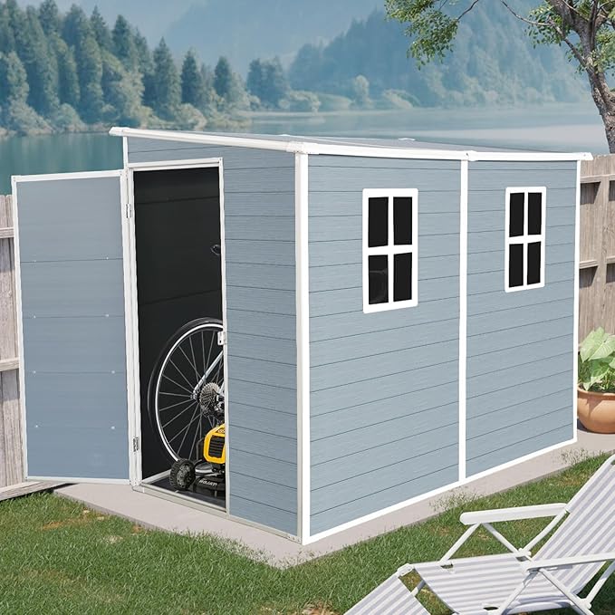 LANTRO JS Storage Sheds Outdoor with Floor, Plastic Shed, 4x8FT Lean to Shed with Two Windows, Lockable Doors for Garden Tools