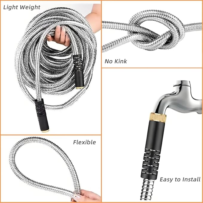 Garden Hose 50FT, Stainless Steel Water Hose with Nozzle, Flexible, Lightweight, Puncture Proof, Never Kink & Tangle, Heavy Duty Garden Hose for Yard and Outdoor
