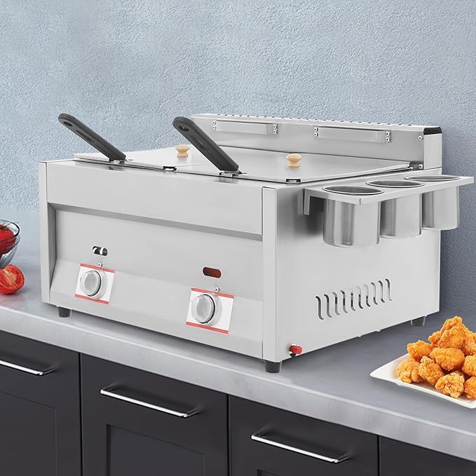 LYNICESHOP Stainless Steel Countertop Gas Fryer, Commercial LPG Gas Deep Fryer with 2 Basket Propane LPG Oil Frying Pot Kitchen Frying Machine Snack Fryer For French Fries Restaurant Home Kitchen