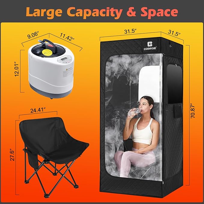 COSVALVE Portable Steam Sauna Box with Red Light for Home with 1600W 4L Steamer, Comfort Folding Chair, Indoor at Home Sauna Tent, Personal Steam Room for Relaxation, 2.9' x 2.9' x 5.9', Black