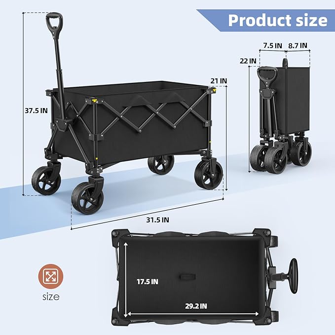 Collapsible Wagon with Wheels,220 lbs Capacity Heavy Duty Wagons Carts with Flexible Handle,Lightweight Portable Folding Utility Cart for Grocery Shopping,Camping,Garden,Sports