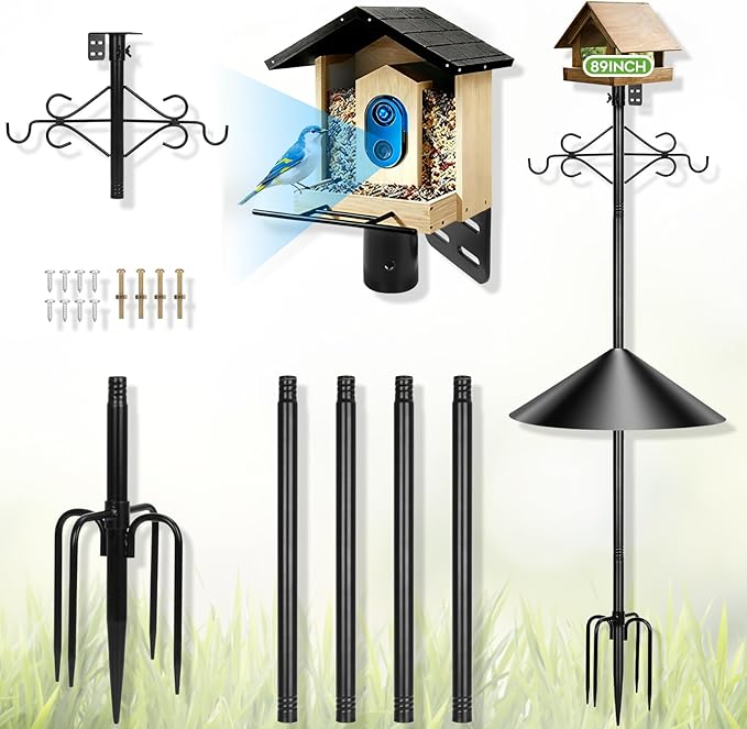 89 inch Double Hooks Heavy Duty Bird Feeder Pole with Squirrel Baffle for Outdoors,5-Prong Base Adjustable Bird House Pole for Smart Camera Birdfeeder,Bluebird House
