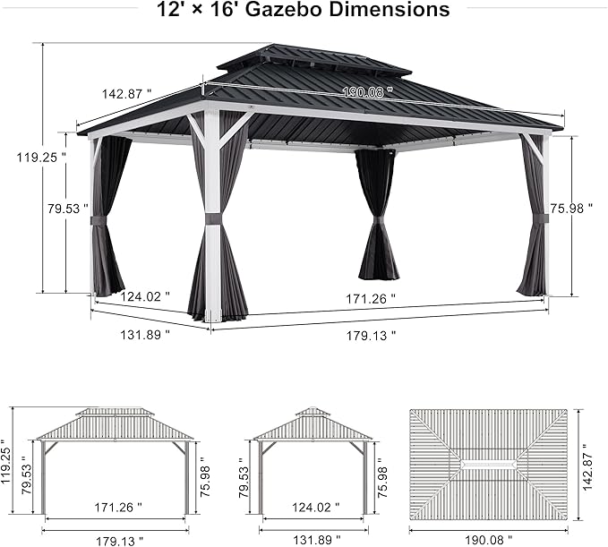 PURPLE LEAF 12' X 16' Hardtop Gazebo, White Aluminum Frame Gazebo with Double Roof, Curtain and Netting for Patio, Garden and Backyard