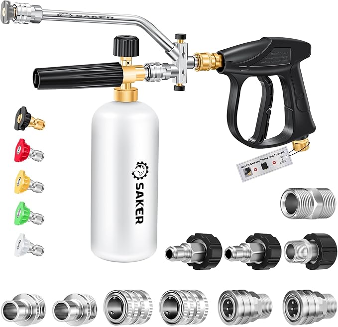 Saker Foam Cannon for Pressure Washer Kit with 10 PCS Saker Pressure Washer Hose Connector Set,Pressure Washer Gun for Car Washing and Cleaning,M22-14 Swivel to 3/8'' QC, 3/4" to QD